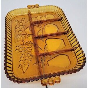 Amber Indiana Glass Fruit Platter Embossed Divided Relish Mid Century Vintage